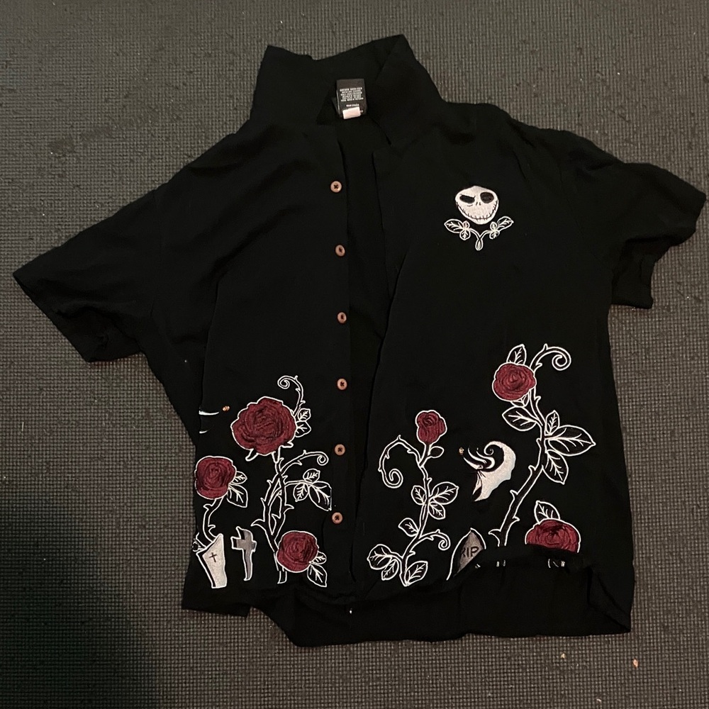 Black Shirt with Red Rose Embroidery